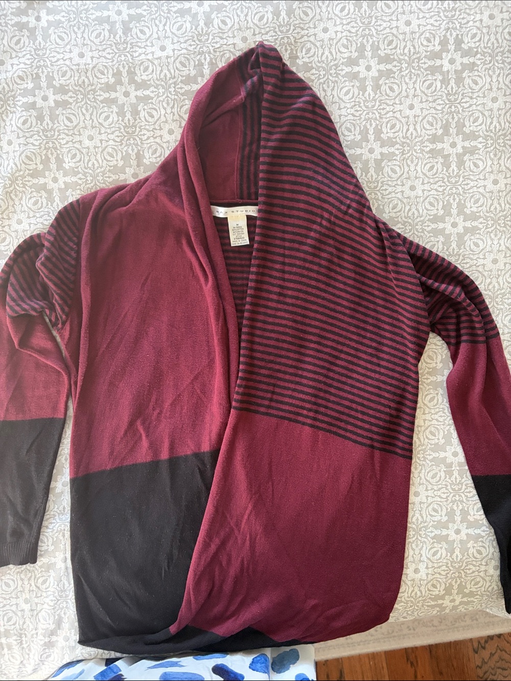 Max Studio Burgundy & Black Striped Hooded Open Cardigan